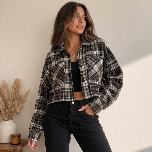 Ci Sono Tops - Ci Sono Cropped Plaid Flannel Brown Black Tartan Button Up Top-Medium Grunge